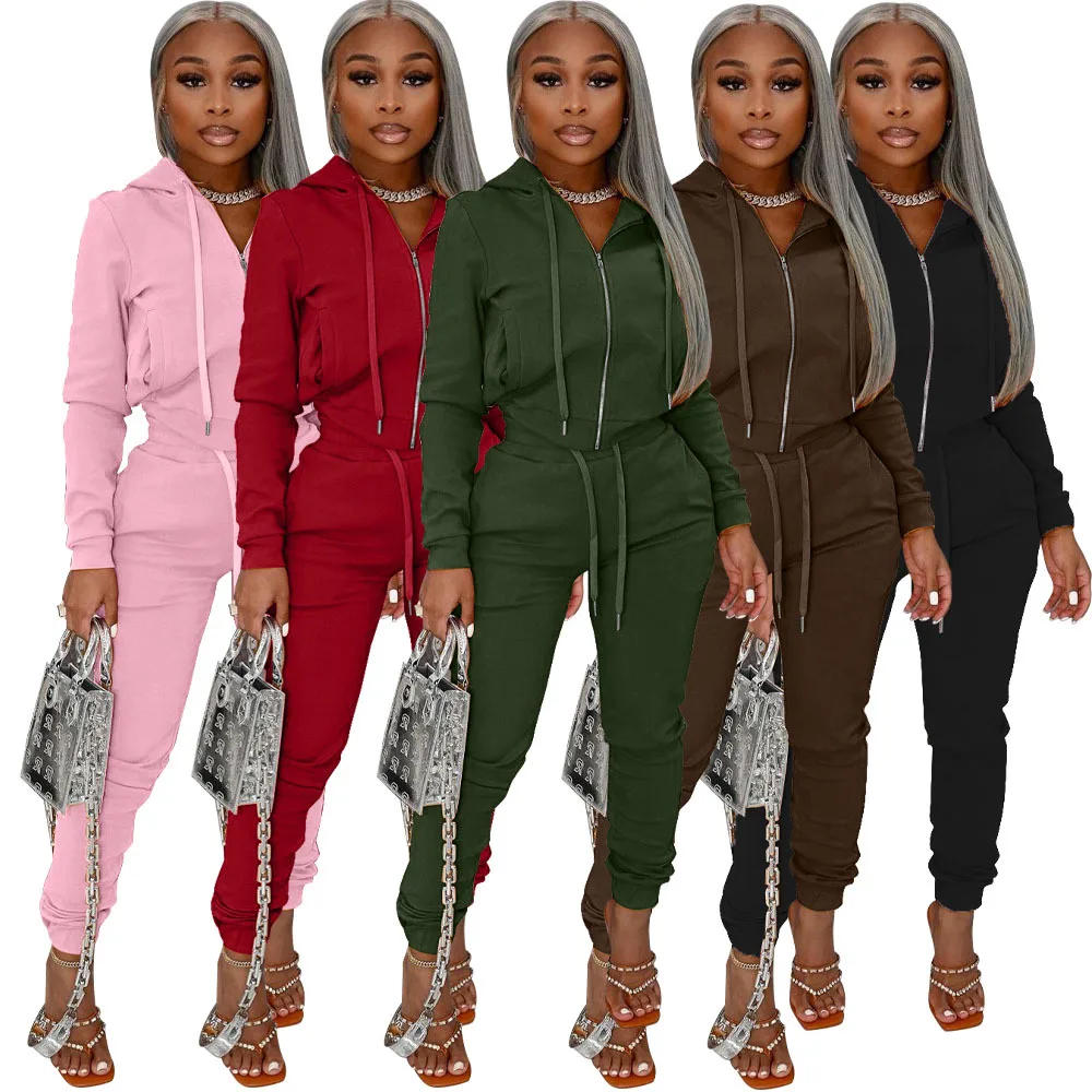 

2021 Fall Fashion zipper Hoodie with sweatpants jogger set sweatsuits two Piece lounge Wear Set women