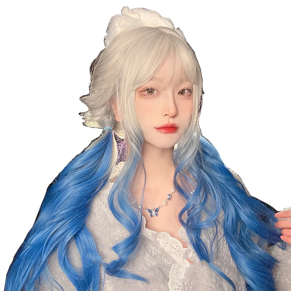 

Silver Gradient Sea Blue Wavy Wig Cosplay Synthetic Lolita Sweet Cute Fluffy Grooming Face Harajuku Girls COS Party Wigs, Pic showed