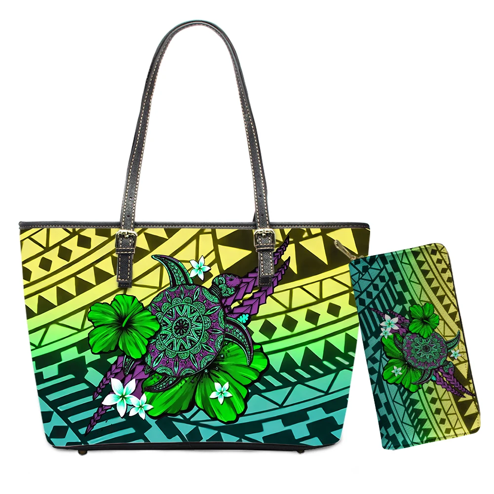 

Pohnpei Large Leather Purses and Handbags Wholesale&drop Ship Tribal Flower Polynesian American Samoaturtle Bright Color Women, Customizable