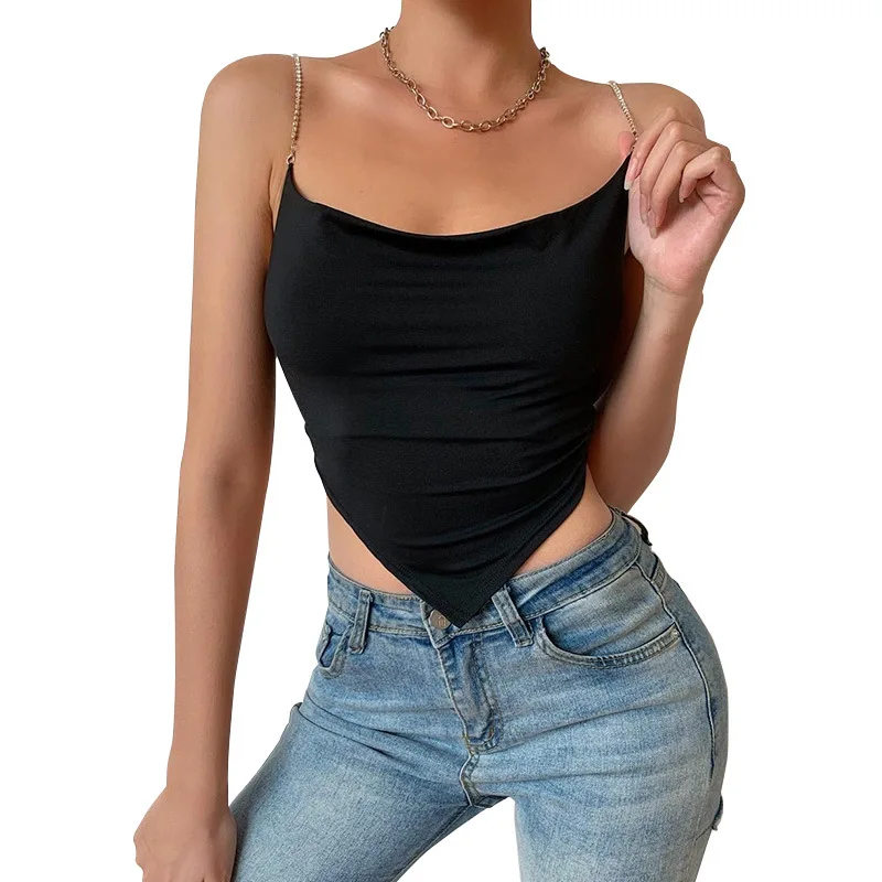 

Europe and the United States 2020 cross-border summer new sexy slim-fitting vest, diamond chain sling back strap vest women, Black