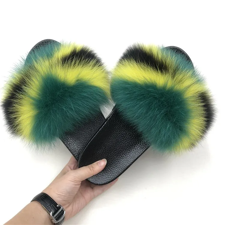 

Wholesale 2021 hot sale high quality fur sandal women and ladies real fox fur slides, Customized color