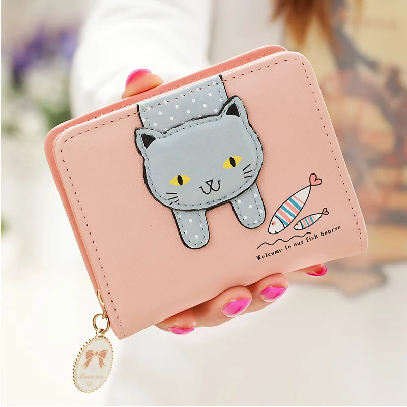 

2021 Women cute cat short wallet small zipper girl wallet female card holder coin purse mini wallet for girls, Pink, blue, black, rose red, green