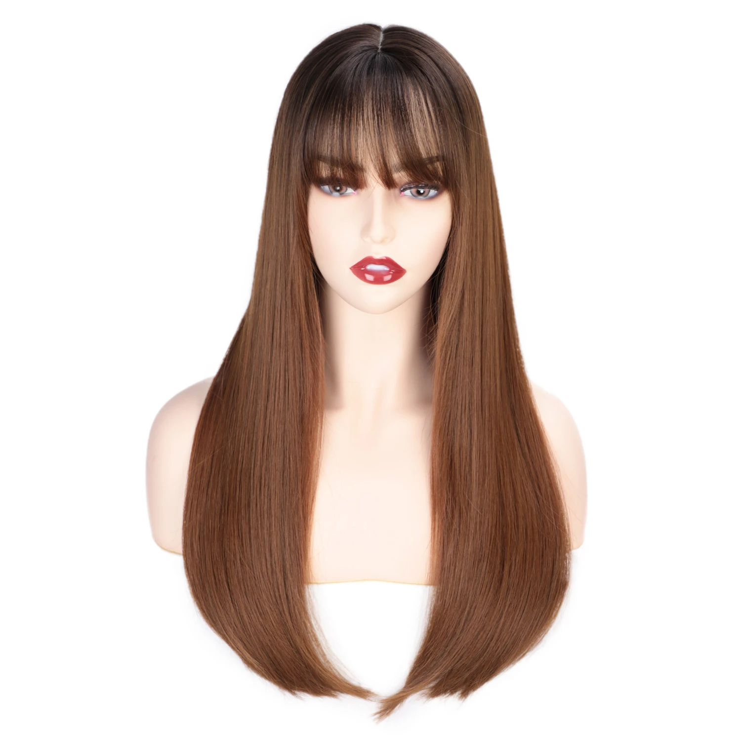 

Aisi Hair Popular Vendor Cheap Wholesale Straight Natural Wave Ombre Brown Wig With Bangs For Black Women Synthetic Hair Wigs