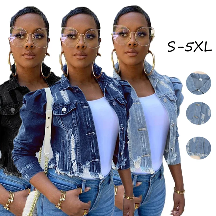

2021 Fashion Fall Winter Clothing Plus Size Hollow Out Ladies Distressed Denim Jacket Coats Ripped Blue Women Jean Jacket, Picture