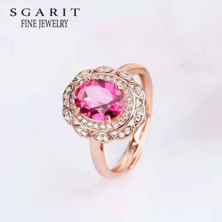 

SGARIT beautiful gemstone adjustable ring jewelry 925 sterling silver 18k gold plated natural pink topaz ring