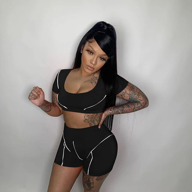 

New Designs Reflective Summer Female Sports Outfits Crop Top And Shorts Set Womens Short 2 Piece Set -PT, Orange,black