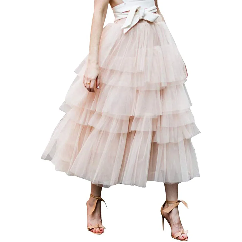 

Women's Nude Pink/Black Tiered Layered Mesh Ballet Prom Party Tulle Tutu A-line Midi Skirt