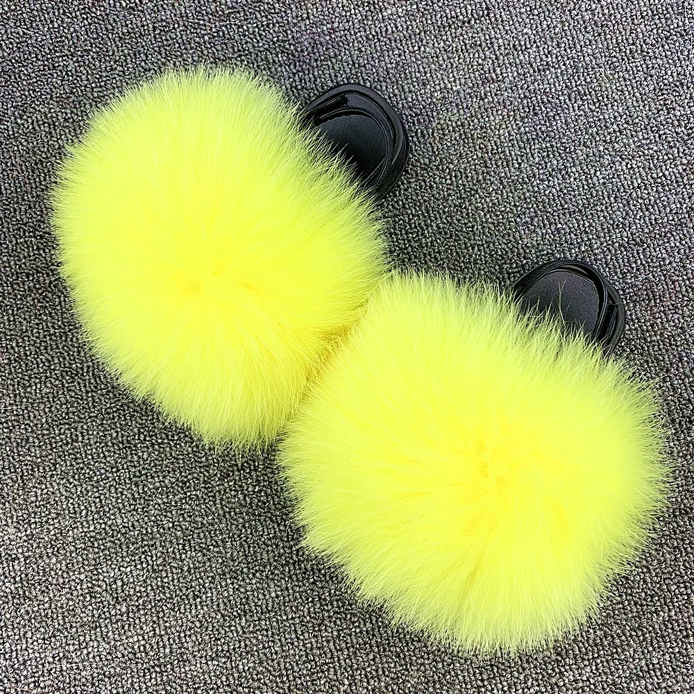 

Hot Selling 6 Ball Ladies Slippers Wholesale In Bulk Faux Fur Slides For Kids, Black,blue