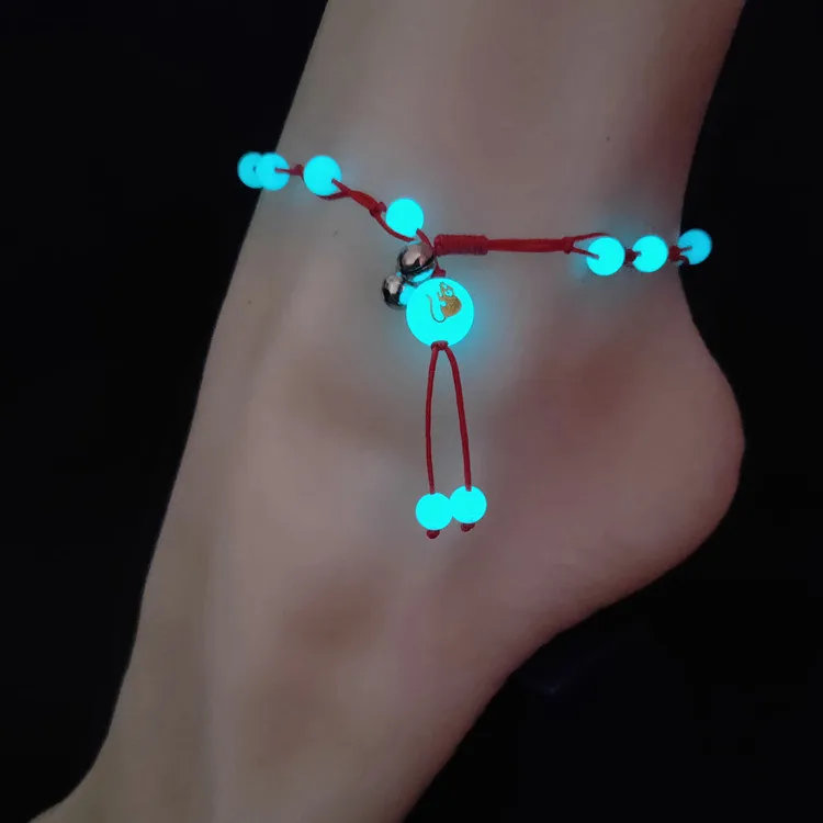 

2021 Fashion Luminous Glowing Stone Hand Woven Red String 12 Zodiac Retro Wind Bell Anklet Women's Bracelet Jewelry Accessories
