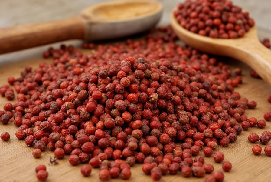Close-up photograph of Szechuan peppercorns showing their characteristic reddish-brown color and textured surface on a wooden cutting board with cooking utensils
