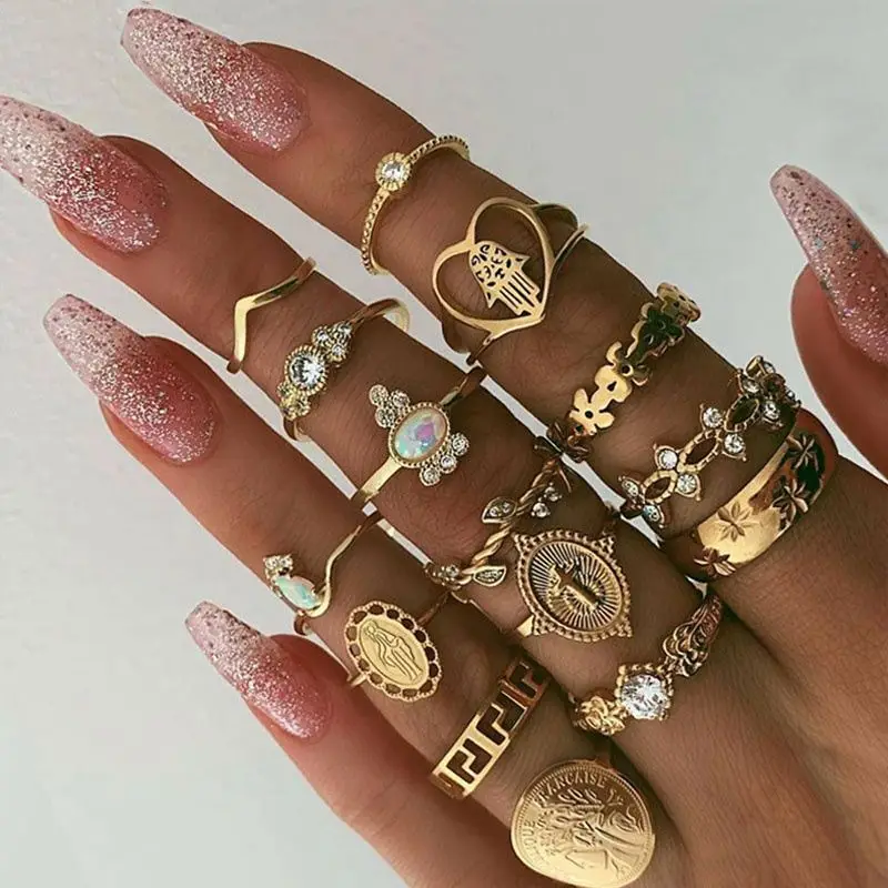 

15pcs Boho Vintage Gold Color Star Midi Moon Rings Set Women Bohemian Jewelry Gifts, Picture