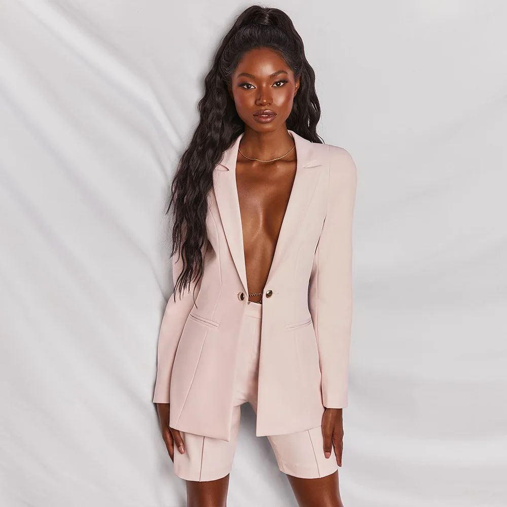 

Popular Autumn and Winter Fashion Two Piece Women's Long Sleeve Button Sexy Suit Shorts Suit, As picture