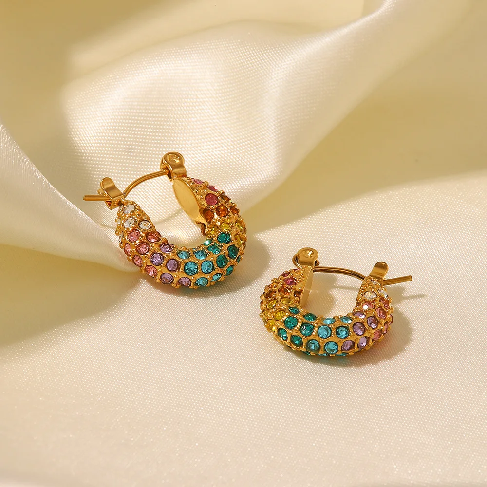 

New Lava Hammered Colorful Zircon Earrings 18K Stainless Steel Gold Plated Chunky Hoop Earrings