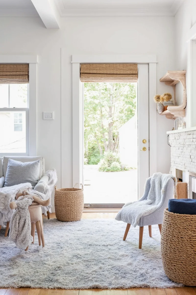 Zoned layout in a Maine cottage showing reading nook, play area, and dining zone.