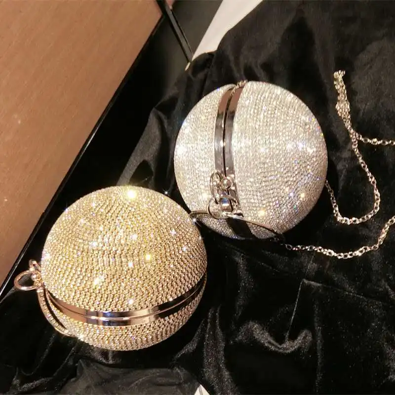 

Fashion rhinestone women clutch bags wedding evening purse round ball ladies shoulder crossbody handbags, Light grey,golden