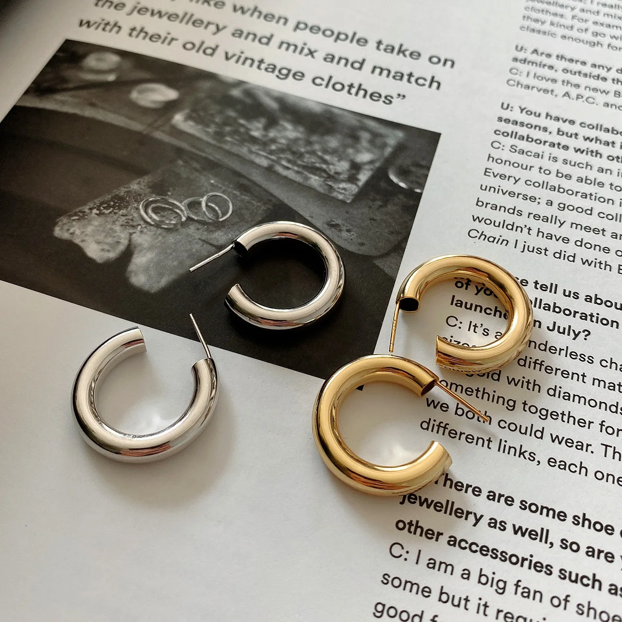 

European Statement S925 Jewelry 24K Gold Plating Circle Stud Earrings Punk C Shape Circle Earrings