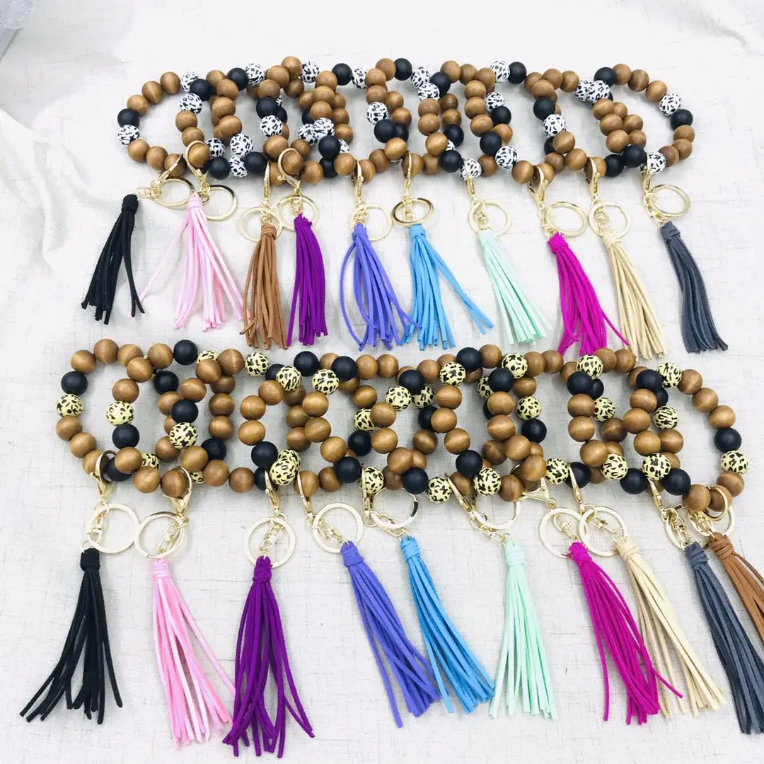 

DIY wooden beads tassel elastic bracelet key ring