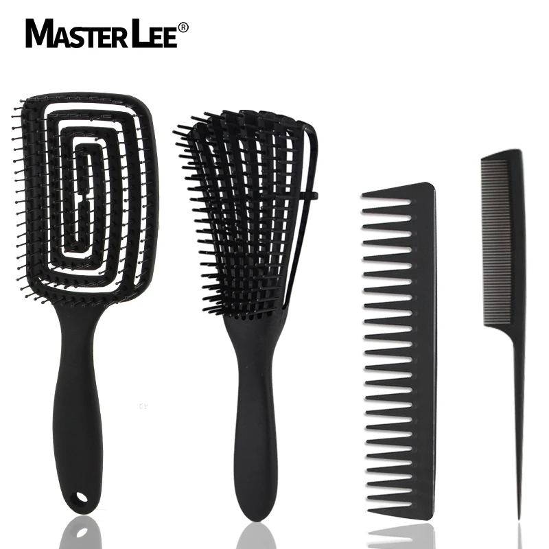 

Masterlee custom logo 4 pcs /set popular black color massage comb set detangler hair brush, Customized color