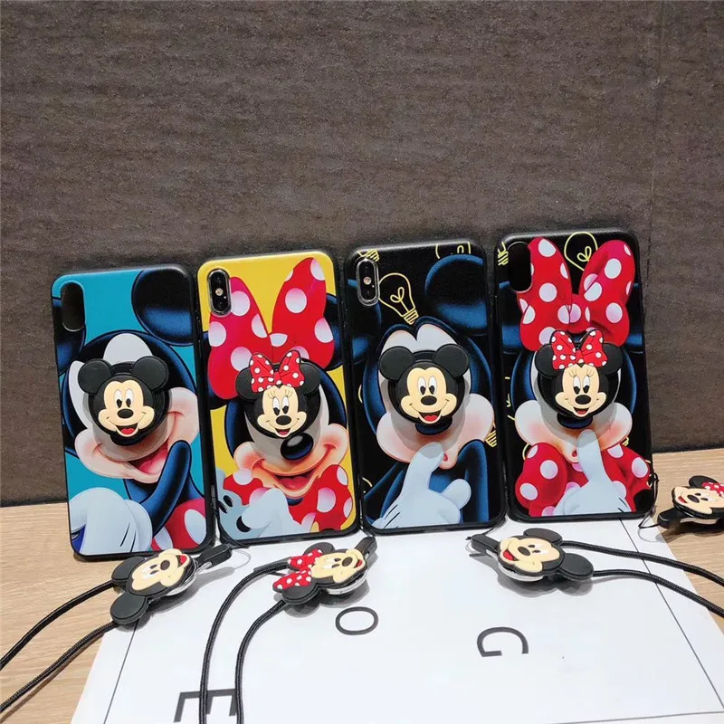 

For iPhone 11 Pro Max Xs 6s 7 8 Free Shipping 3D Doll Minnie Mickey Grip holder Strap Case, Colorful