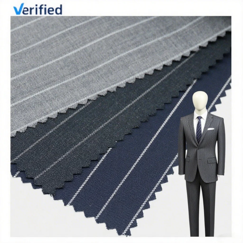Luxury 50%W 50%P Blend Wool/Polyester Fabric Worsted Merino Wool Fabric Stripe for Men's Suit Garment
