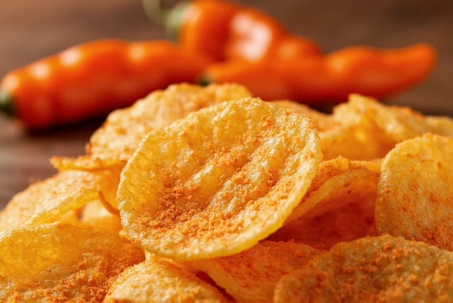 Close-up photography of ghost pepper chips showing orange seasoning dust on rippled potato chips with fresh ghost peppers in background