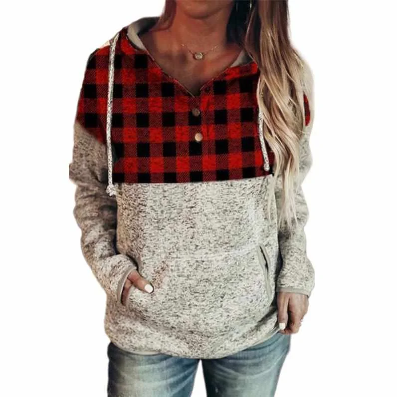 

2020 Fashion Long Sleeve Pullover Button Down Christmas Plaid Splicing Hoodie Women