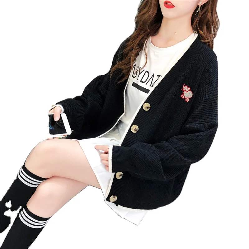 

V-neck Loose Sweater Baby Elephant Embroidered Pattern Knitted Cardigan Jacket