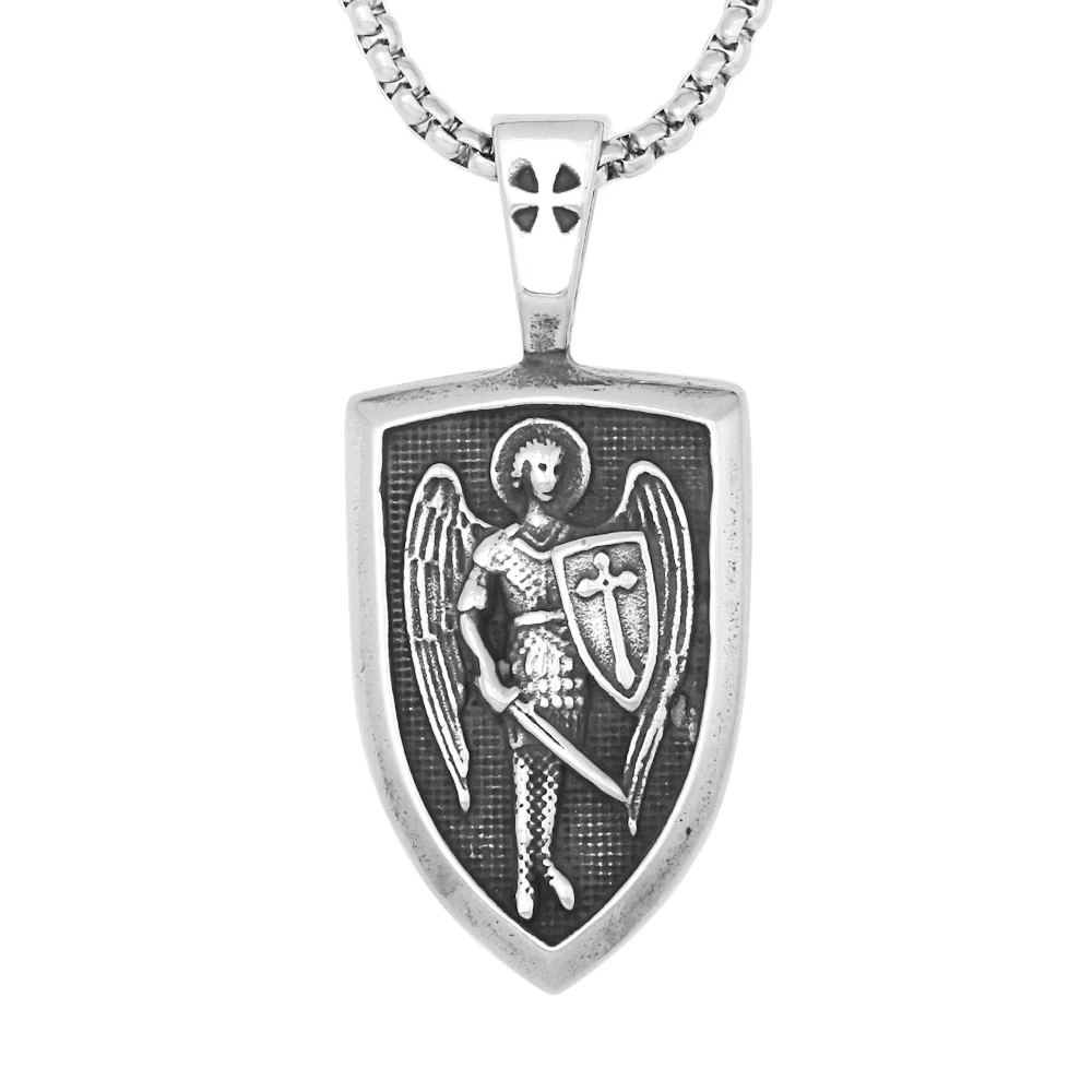 

Men Amulet Archangel Shield Pendant Statement Stainless Steel Saint Michael Cross Pendant Necklace