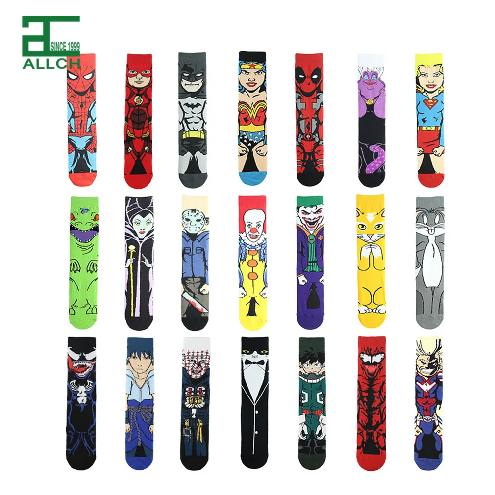 

ALLCH Wholesales Cheap Stock Straight Cotton Casual Colorful Anime Character Cartoon Male Socks Men Tube Comic Hero Socks, Multi