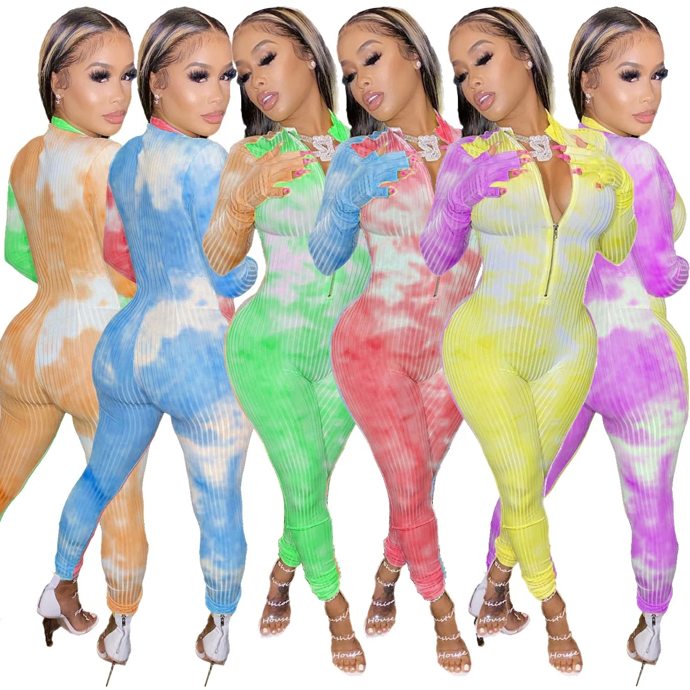 

LW M093 Tye dye ladies jumpsuits and rompers long sleeve fashion two color printing pit stripe women bodysuit jumpsuit cutout, 3 colors available