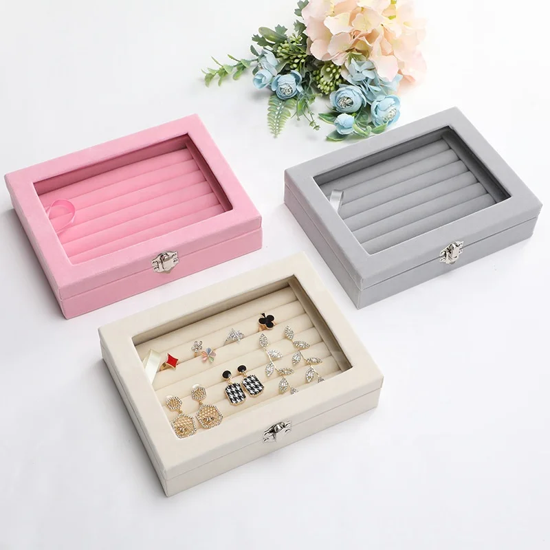 

Luxury grey velvet jewelry storage box earrings and ring's display boxes wholesale