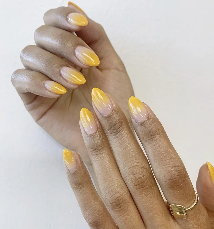 

Long stiletto press on nails almond water drop yellow pink ombre press on nails long 2021 press on nail