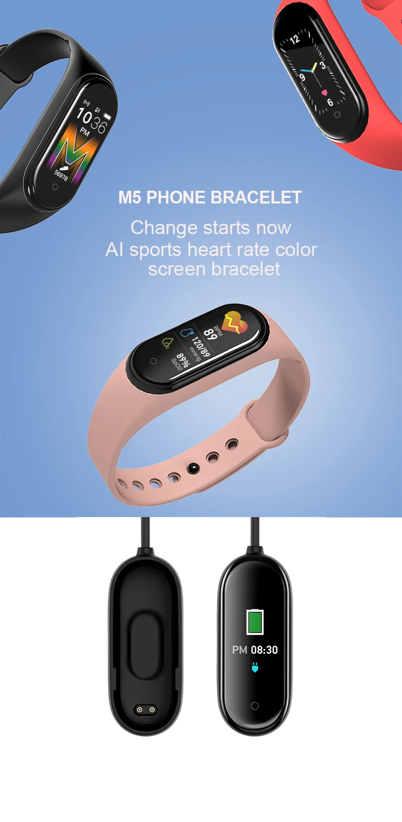 
2020 New fitness tracker mi smart bracelet waterproof m5 smart band 5 for ios android 