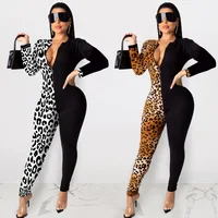 

Free Shipping Wholesale Women Long Sleeves Leopard Print High Waist Romper early Autumn New Boutique One Piece Jumpsuit