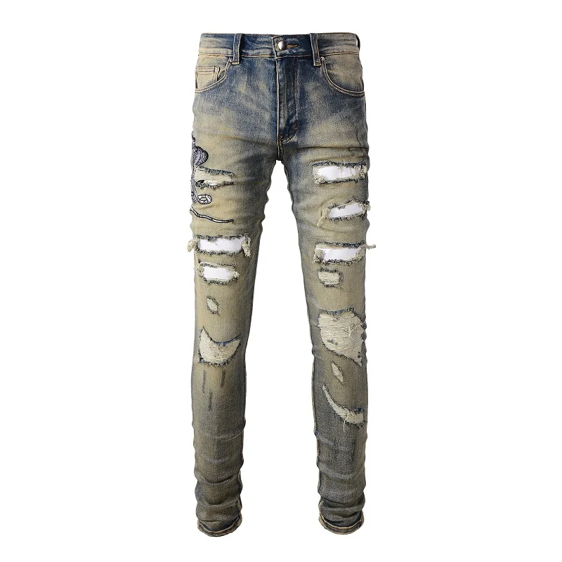 

RTS For 6611 Dropshiping hip hop denim washed distressed ripped Snake embroidery jeans men