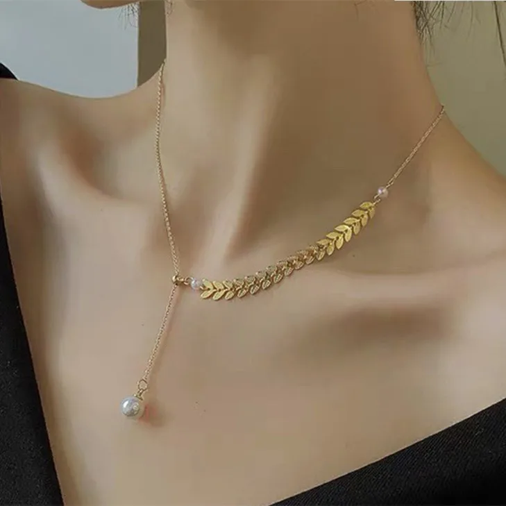 

Simple fashion adjustable Y-shaped wheat ear pearl long necklace women