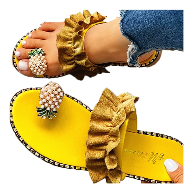 

RTS Wholesale Ladies Pineapple Rhinestones Pear Flat Toe Sandal Beach Strap Slippers