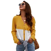 

Hot Sale Color Block Single Breasted Button Waffle Women Long Sleeve Top Knit Tie Blouse