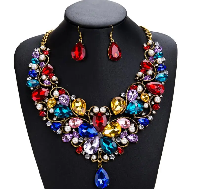 

Queena Fashion Bib Choker Crystal Pendant Statement Necklace Earrings Party Jewelry Set, 6 colors