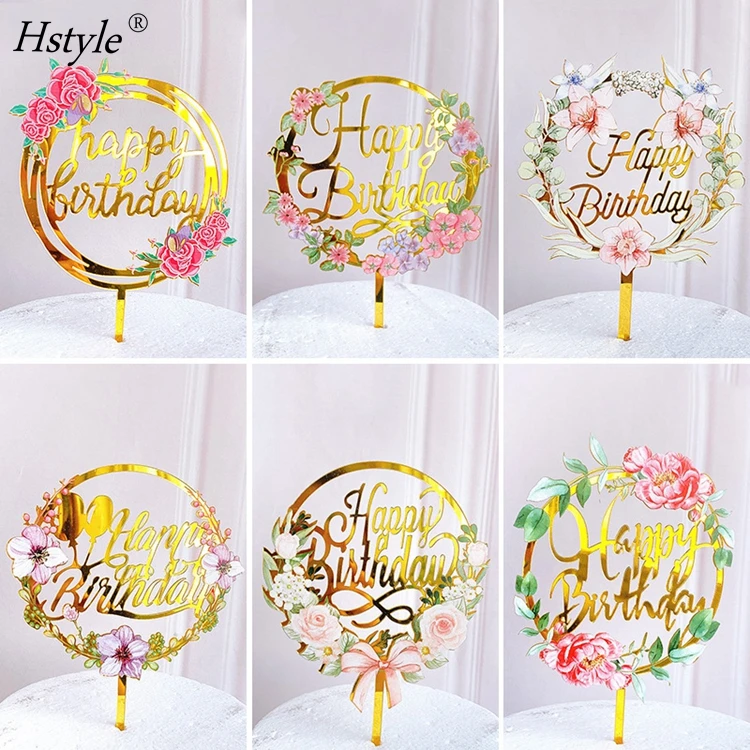 

Happy Birthday Cake Topper Gold Acrylic Flowers Cake Topper For Birthday Party Cake Decorations Dessert Supplies PQ677, Gold, rose gold