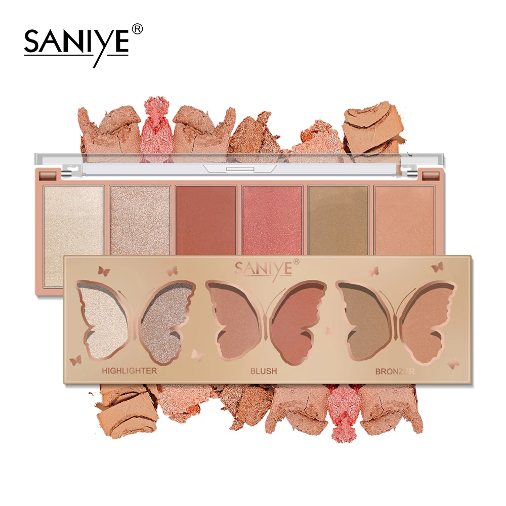 

Saniye butterfly make up blush highlighter contour 3 in 1 cosmetic private label custom logo blush makeup palletes, 6colors