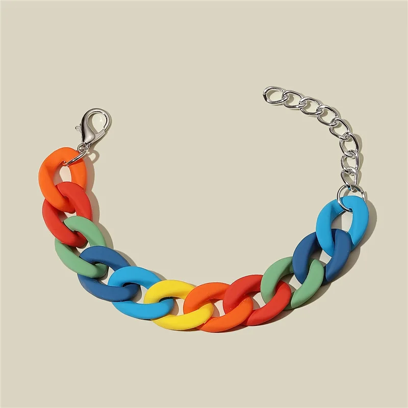 

Wholesale Summer Colorful Candy Colors Acrylic Resin Link Chain Bracelet Rainbow Matte Acrylic Link Chain Bracelet for Women