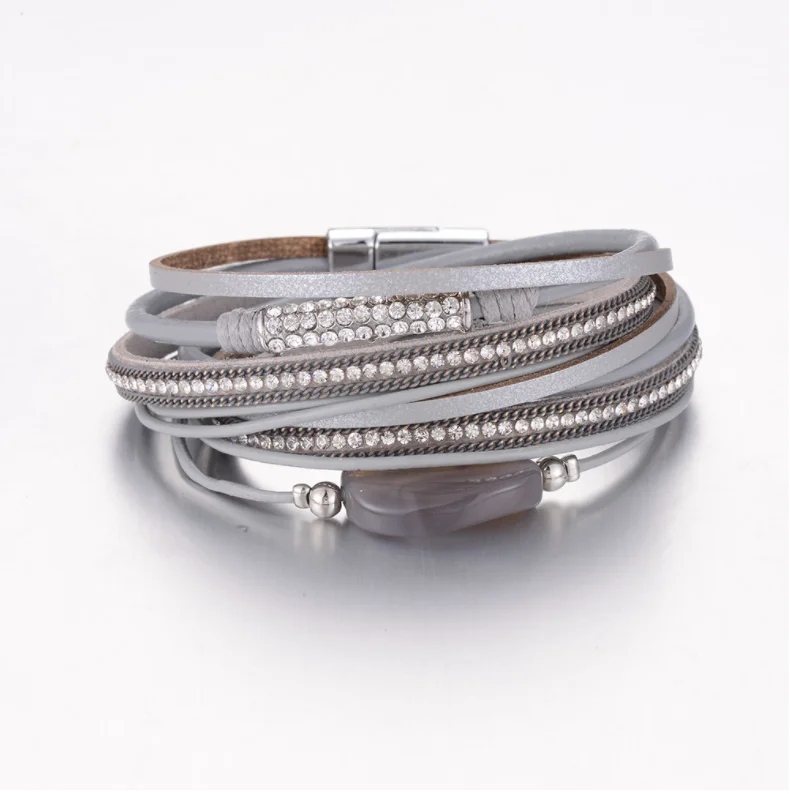 

Newest Bracelets Styles Grey PU Leather Multi Rows Grey Agate Magnet Closure Bracelet