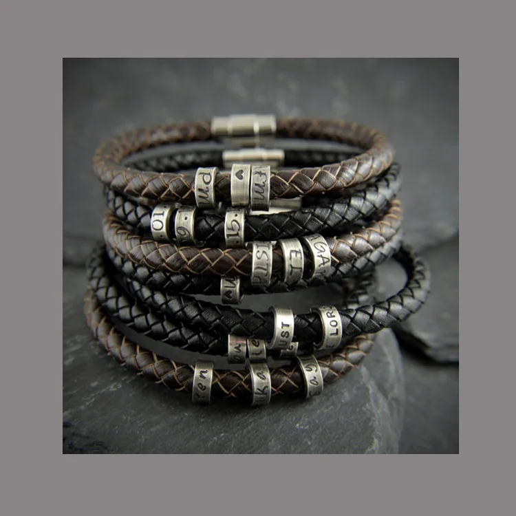 

Man Engraved Customized Mame Letter Stainless Steel Beads Braided Genuine Leather Bracelet Jewelry
