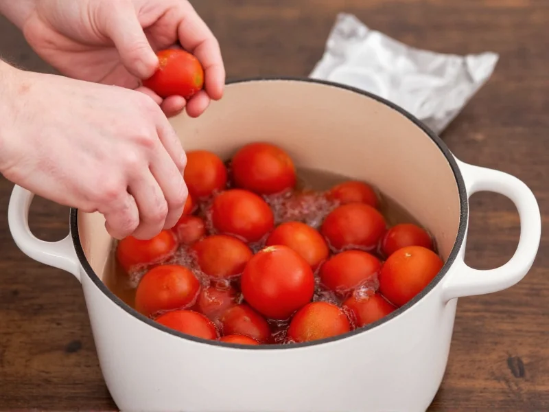 Hands blanching tomatoes in pot with ice bath