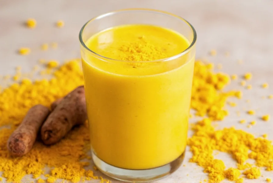 Golden turmeric smoothie in glass with fresh turmeric root and black pepper