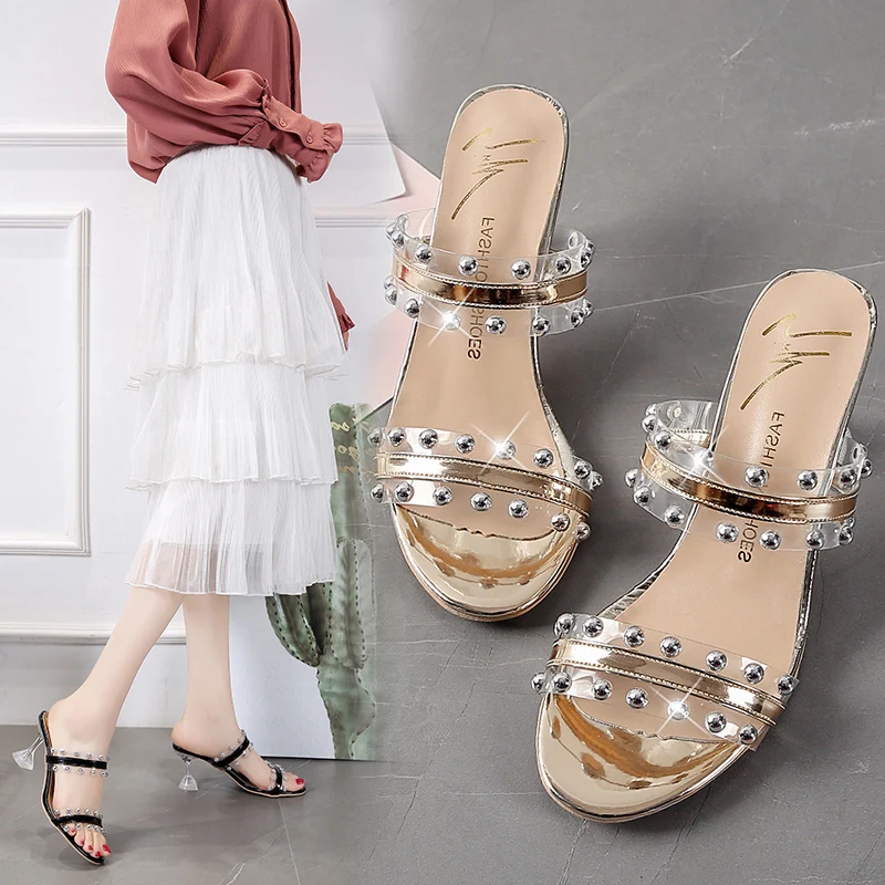 

Sandals female summer wear 2021 new female stiletto high heels rivet transparent fashion thin sandals and slippers, Black/silver/gold