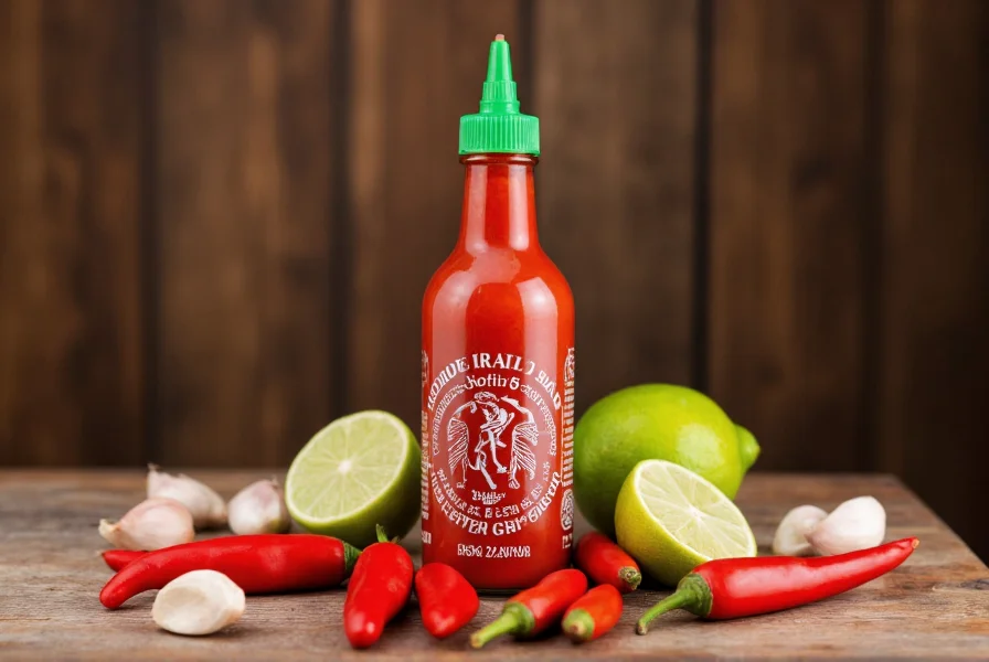 Close-up view of sriracha bottle with fresh red chilies, garlic cloves, and lime wedges surrounding it on wooden table