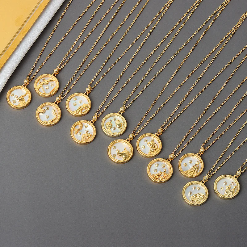 

Gold Plated 12 Zodiac Coin Brass Balls Bead Choker Necklace Color Mother Shell Necklace, As picture