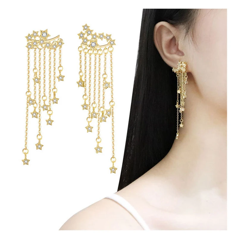 

Women Wing Shape Synthetic Cz Women Tassel Feather Earrings With Cluster Stars
